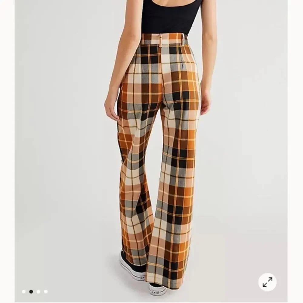 Free People Plaid High Waist Jules Retro Flare Pants Brown Combo Size 4